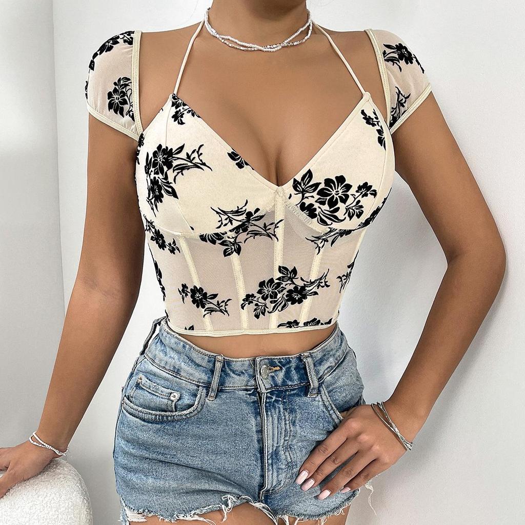 European-American Spicy Girl See-through Low-cut Lace-up Flocked Short Tank Top K0652