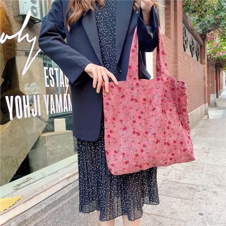 Fashionable Dusty Rose Corduroy Tote Bag With Artistic Design Versatile Large Capacity For Students