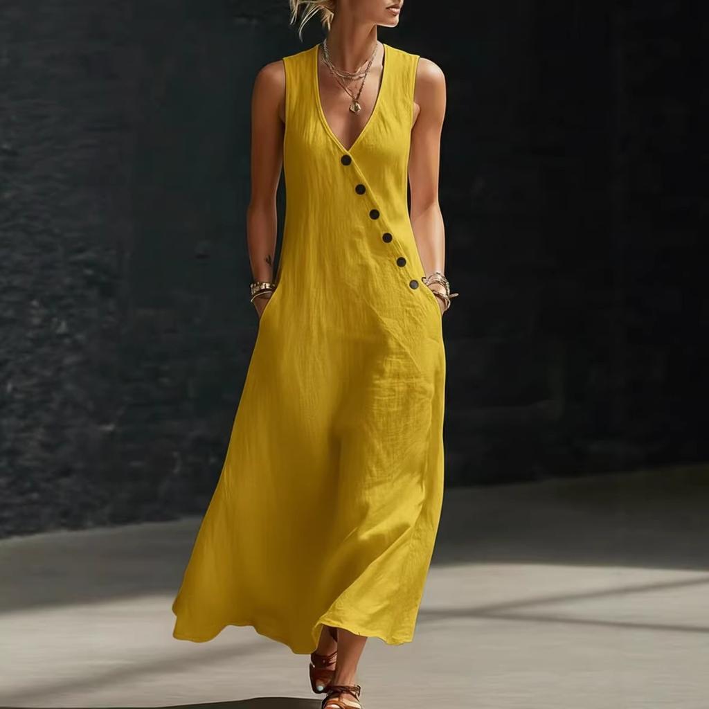 Light Blue Sleeveless V-Neck Button Front Maxi Dress with Side Pockets