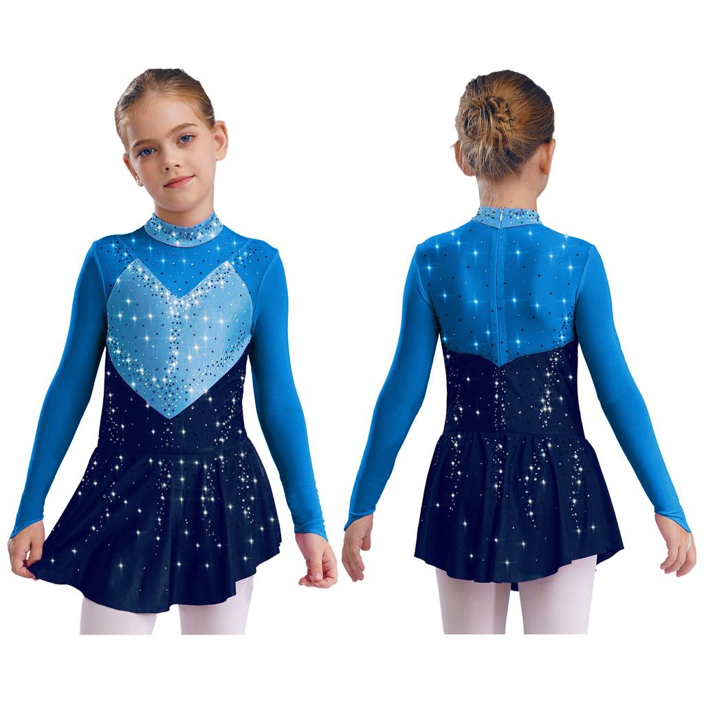 Jenter Skøytekjoler Dansedrakter Mock Neck Langermet Fargeblokk Gjennomsiktig Mesh Patchwork Skinnende Rhinestones Kjole