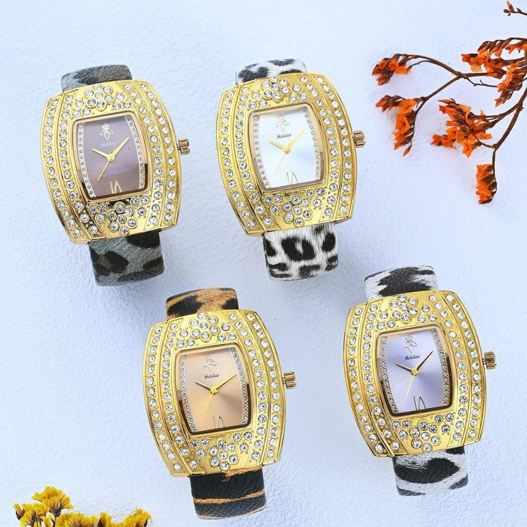 Moderne tonnenförmige Damenuhr Gold Iced Out Zifferblatt mit Leopardenarmband Luxus Quarz-Armbanduhr für Damen