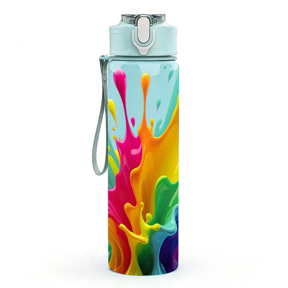 1 Stück Bunte Regenbogen-Tintenspritzer 750ml Farbige Kunststoff-Wasserflasche Auslaufsicherer Klappdeckel mit Strohhalm Für Sport, Büro, Zuhause