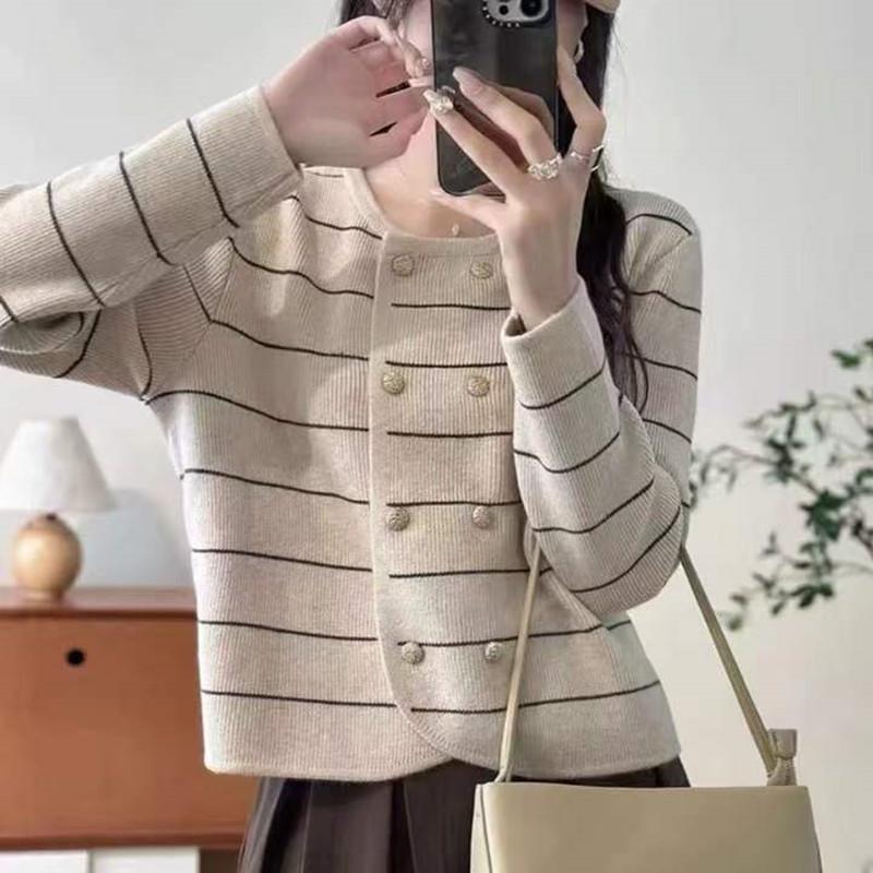 YYFS Suéteres de cuello redondo de manga larga con estampado de rayas informales de moda para otoño e invierno para mujer