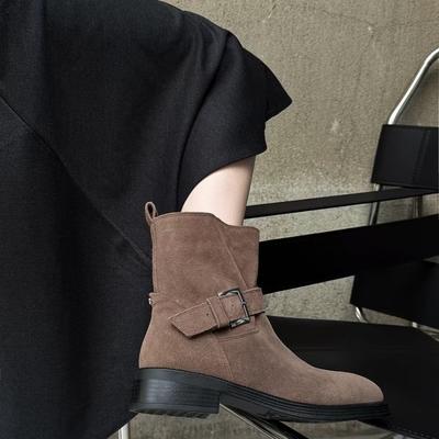 Korean Version of Maillard Leather Matte Round Head Thick Heel Wide Tube Belt Buckle Martin Boots Women's Autumn and Winter Cowboy Boots Short Boots