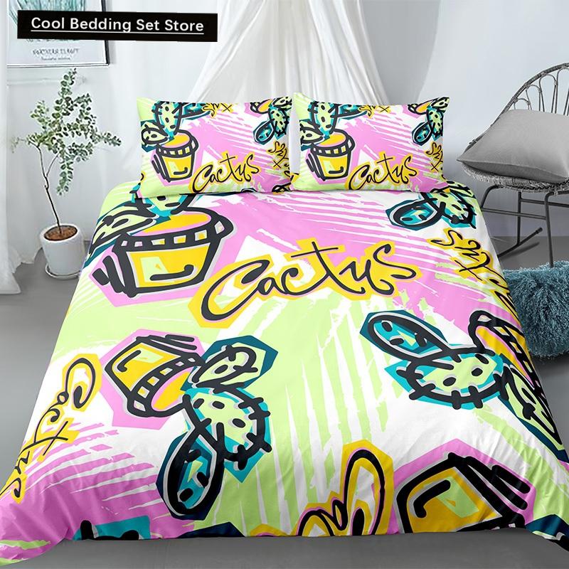 Cactus King Queen Duvet Cover Succulents Bedding Set for Kids Teens Adults Green Botanical Flowers 2/3pcs Polyester Quilt Cover