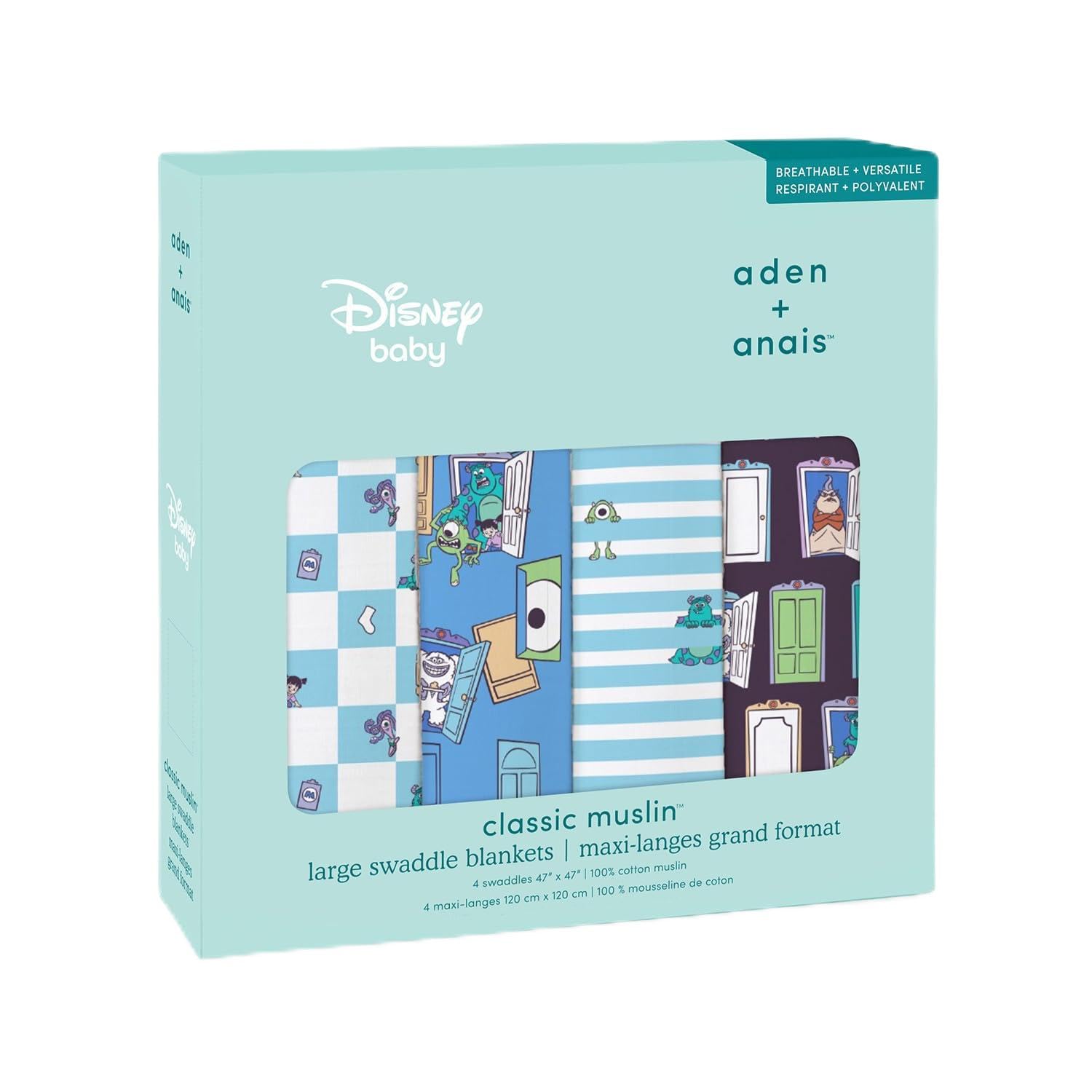 

aden anais Peekaboo Cotton Muslin + Monsters, Inc. Swaddles, 4-Count,