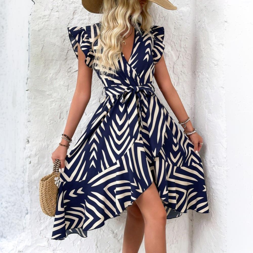 Elegant Women's Irregular Striped Midi Dress for Spring/Summer Vacation 2025