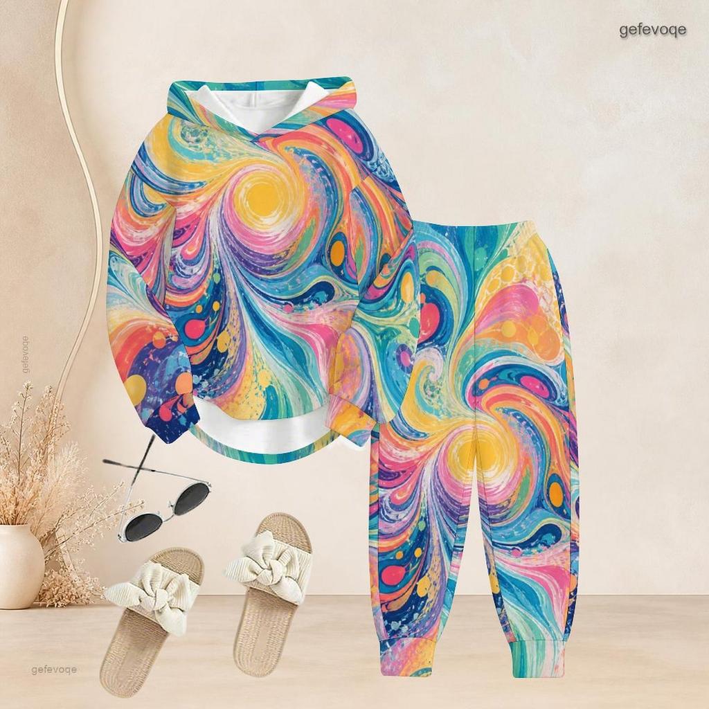 Women Plus Size Two Piece Set Hooded Long Sleeve Top Cuffed Pants Pink Gradient Printed Casual Tracksuit