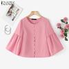 ZANZEA Kvinner Casual Rund Hals Ensfarget 3/4 Ermet Bluse