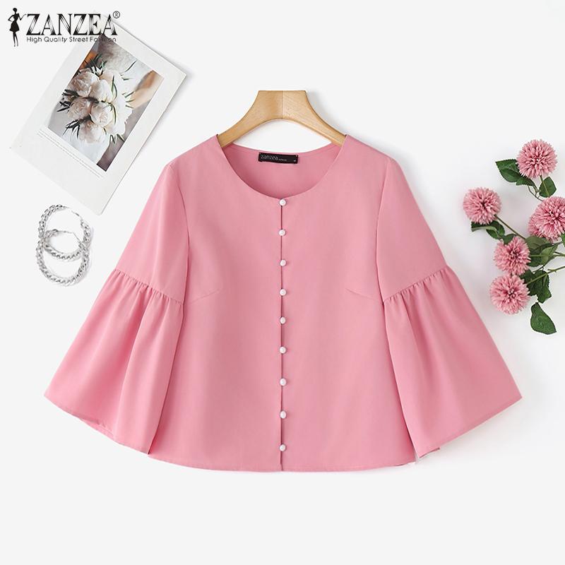 ZANZEA Kvinner Casual Rund Hals Ensfarget 3/4 Ermet Bluse