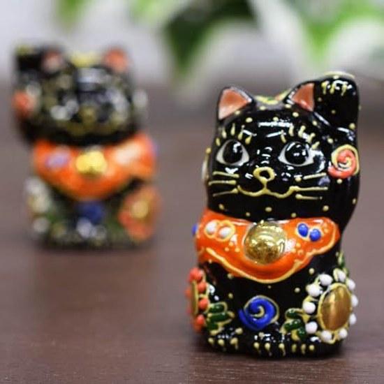 Kutani ware chibi maneki-neko black mori pair black-PF