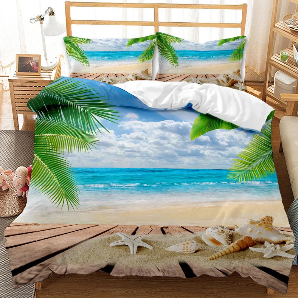 Beach Duvet Cover Set Summer Ocean Bedding Set Hawaiian Marine Sea Waves 3D Print Starfish Polyester Comforter Cover Queen King