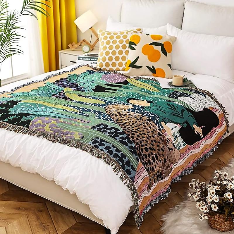 Double-Sided Cotton Woven Throw Blanket with Tassel Jungle Bohemian Style Tapestry Shawl Multi-Function Decorative Throws for Sofa Bed Armchair