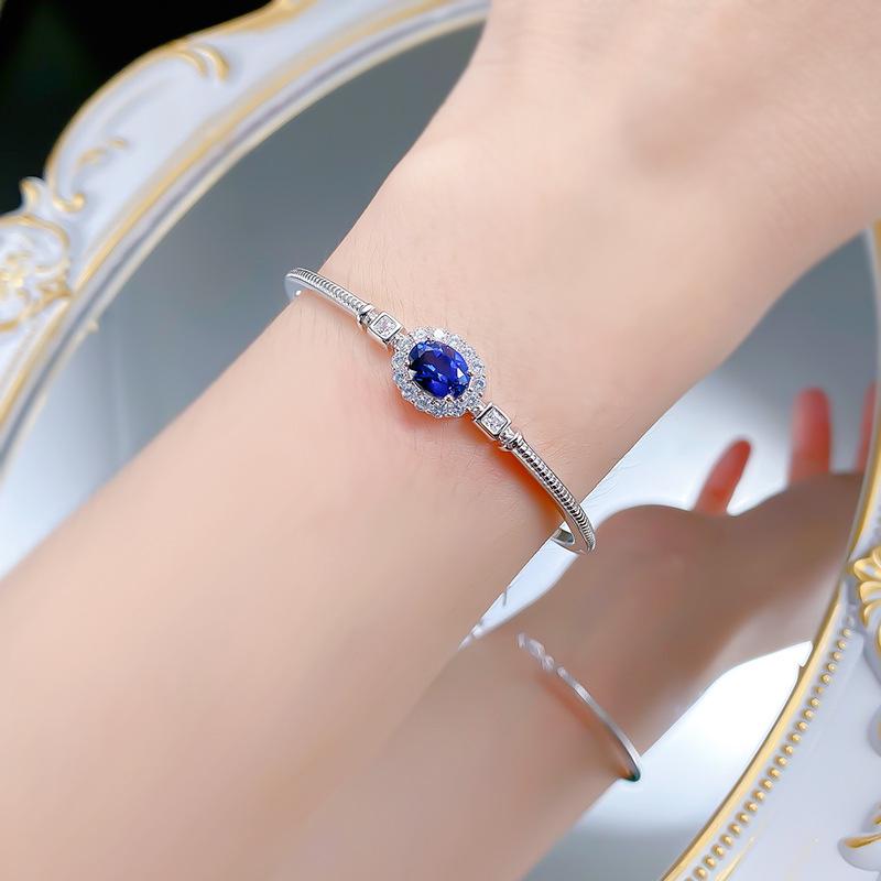 Zhuozhifan S925 Silver Simulated Blue Sapphire Bracelet - 6x8mm Corundum Bangle