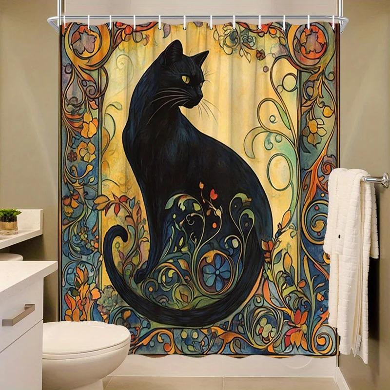 Mystical Black Cat Shower Curtain - Water-Resistant, Easy to Clean, Adds a Touch of Whimsy and Charm to Your Bathroom Decor