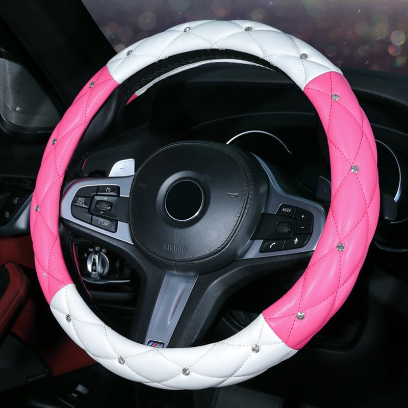 Crystal Diamond Leather Steering Wheel Cover with Bling Crystal Rhinestone Universal Fit Car Steering