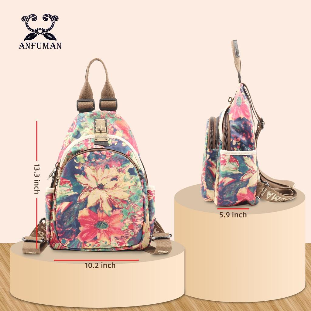 ANFUMAN Small Backpack with Wallet for Women, Mini Waterproof Colorful Print Backpack, Leisure Travel Bag, Drawstring, Size M, Casual.
