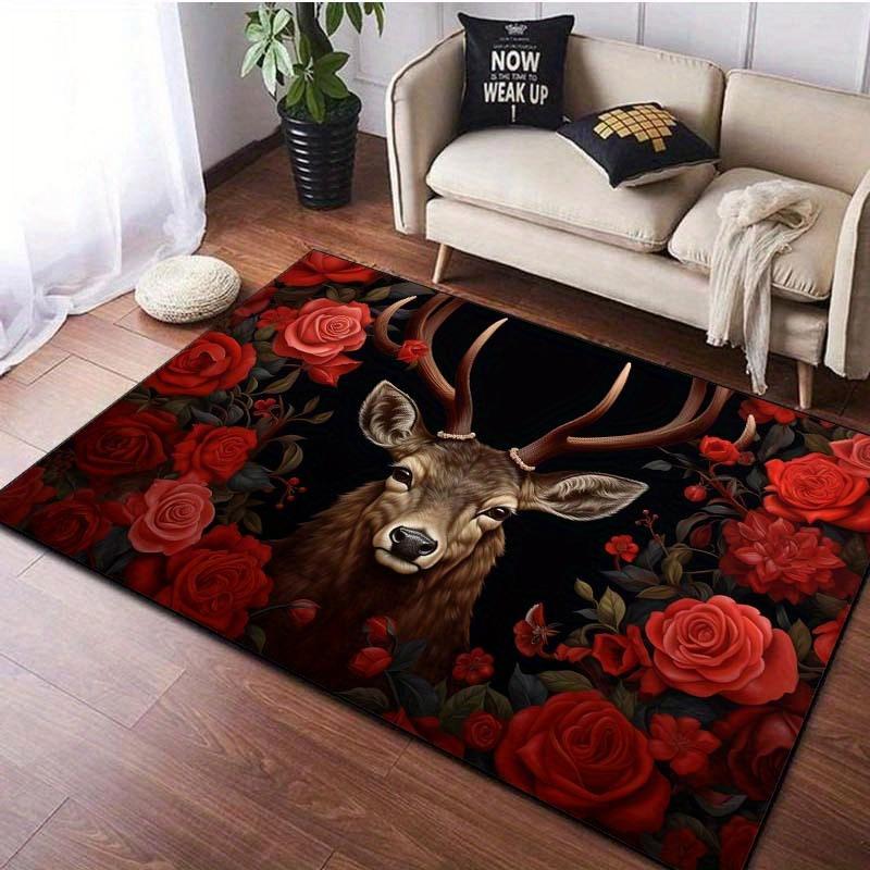 Deer Roses Rug: Classic Romance for Vintage Homes | Red Flower Animal Art Carpet Design Anti Slip Carpet Can Be Machine Washed