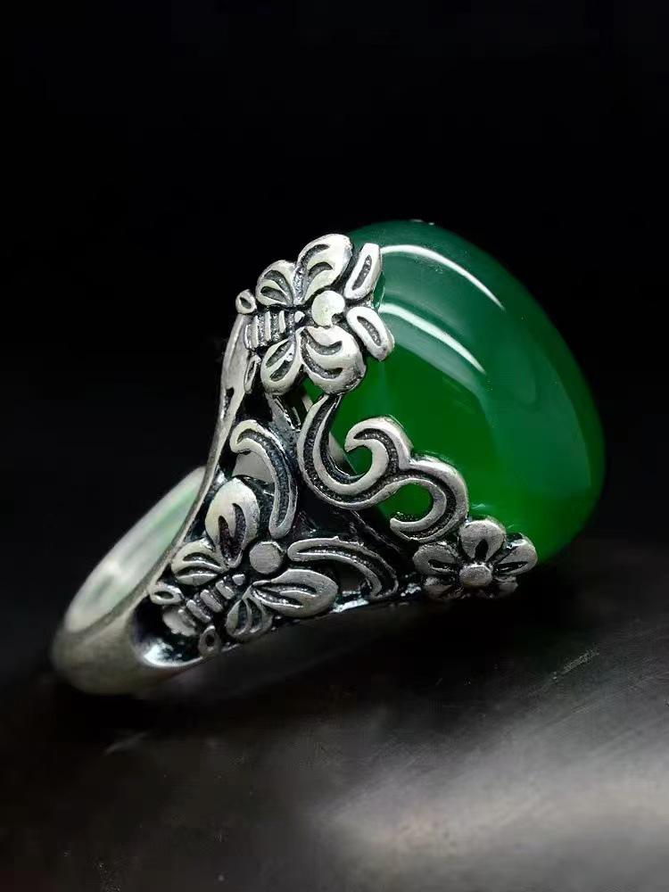 Retro Silver Butterfly & Flower Ring for Women - Hetian Jade Inspired Luxury Open Index Finger Design