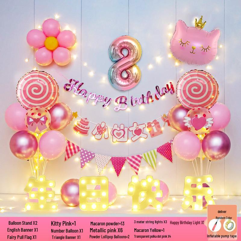 Happy Birthday Balloons for 7-8-Year-Old Girls - Home Party Decoration and Background Wall Decor