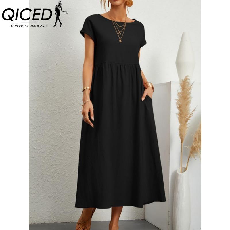 QICED Women's Fashion Summer Spring Solid Color Print Short Sleeve O-Neck Casual Dresses