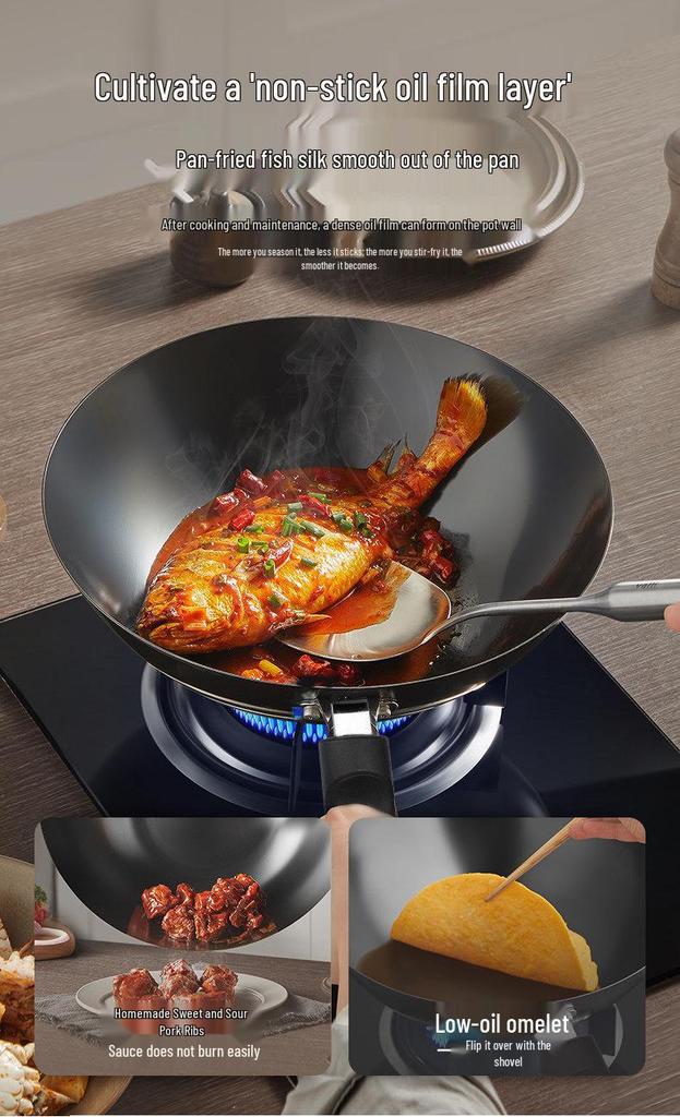 Supor Large Iron Round-Bottom Wok, No Coating, 32cm/34cm