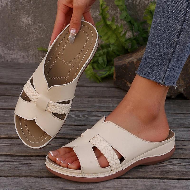 Fashion Comfortable White Platform Slippers for Women Fashion PU Leather Braided Wedge Sandals Woman Summer Casual Non Slip Beach Slides