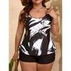 Novo Conjunto Tankini Modesto Plus Size, Conjunto de Duas Peças de Fato de Banho Feminino Plus com Top Cami de Gola Redonda e Estampa Pincelada e Shorts