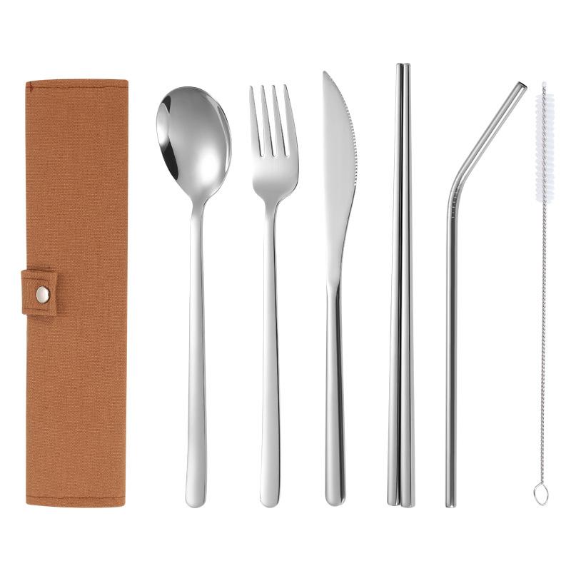 304 Stainless Steel Tableware Sets, Portable Tableware Bag, Knife, Fork, Spoon, Chopsticks, Straw, Full Sets, 6Pcs