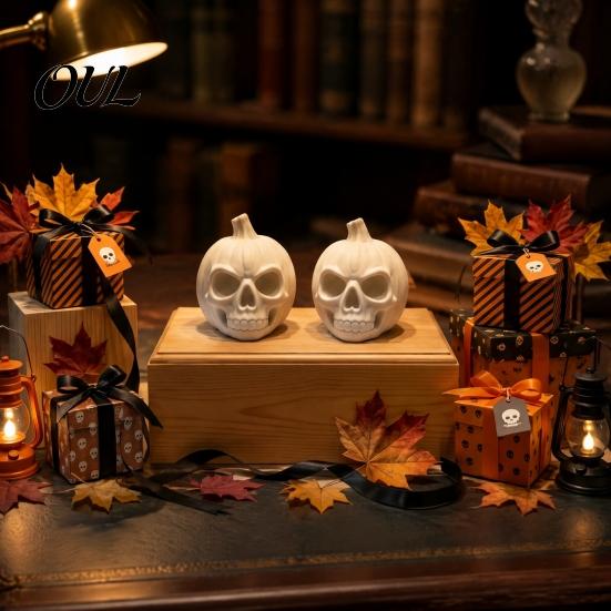 Halloween Skull Pumpkin Decoration 3D Printed Ornament, White Resin Skeleton Statue, Indoor Festive Atmosphere Props Themed Sculpture for Home