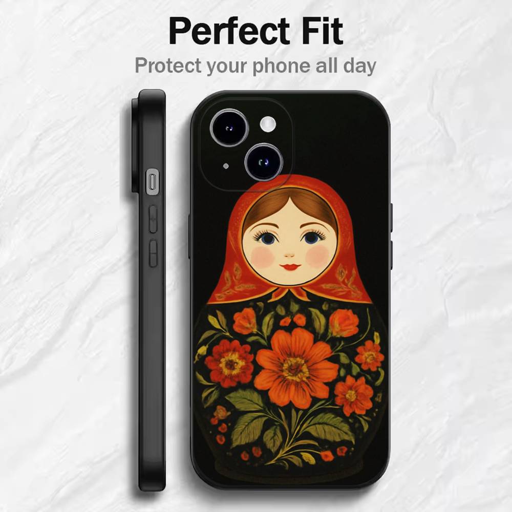 Matryoshka Art Russian Phone Case For 17 16 15 14 13 12 11 Mini XS XR X 6S 6 Pro Max Plus Black Soft Cover