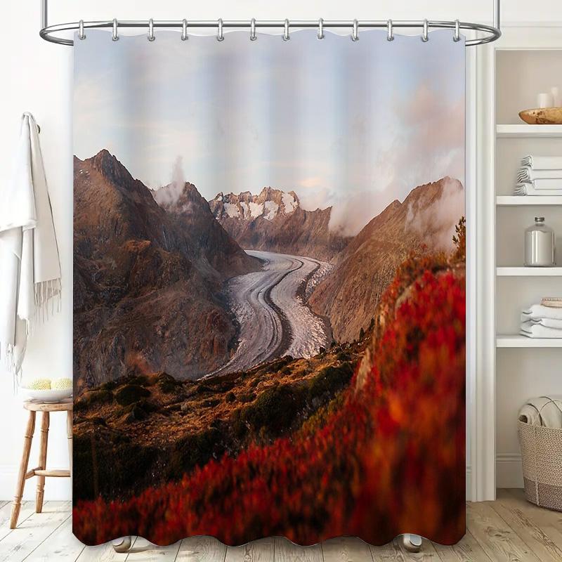 Mountain Landscape Shower Curtain Nature Forest Waterfall Scenic Backdrop Bathroom Decor Rustic Home Decor Vintage Artistic Wall