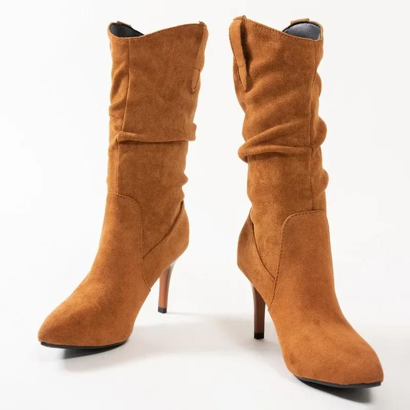 Fashion 2024 Plus Size Ladies Shoes Mid-Calf Women's Boots New Modern Boots Women Pleated Pointed Toe High Thin Heel Slip on Shoes Women