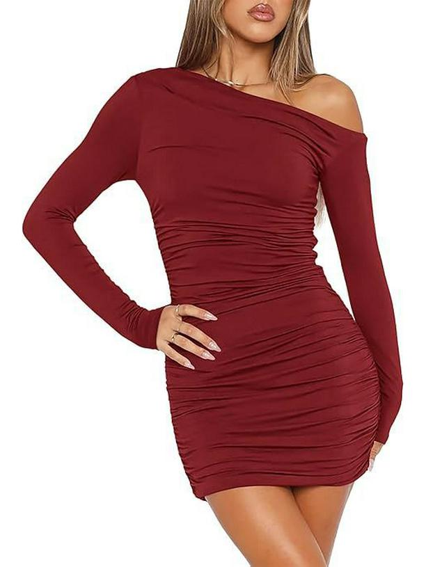 2026 Spring/Summer One-Shoulder Ruched Bodycon Dress - Women’s Long Sleeve, Sexy Slim Fit, Short European American Style
