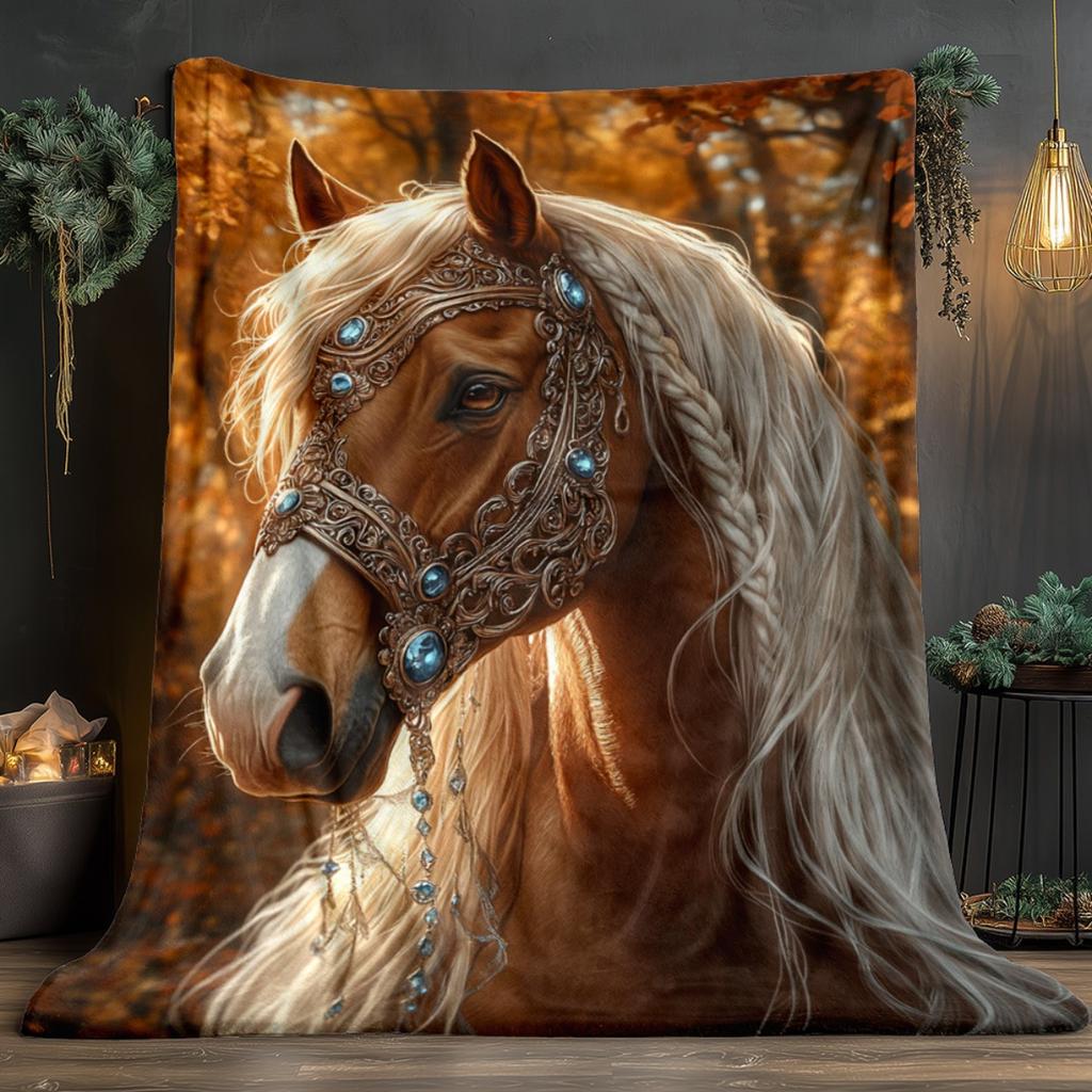 Ornate Brown Horse Flannel Throw Blanket Gem Decorated Stallion Forest Autumn Warm Sofa Blanket