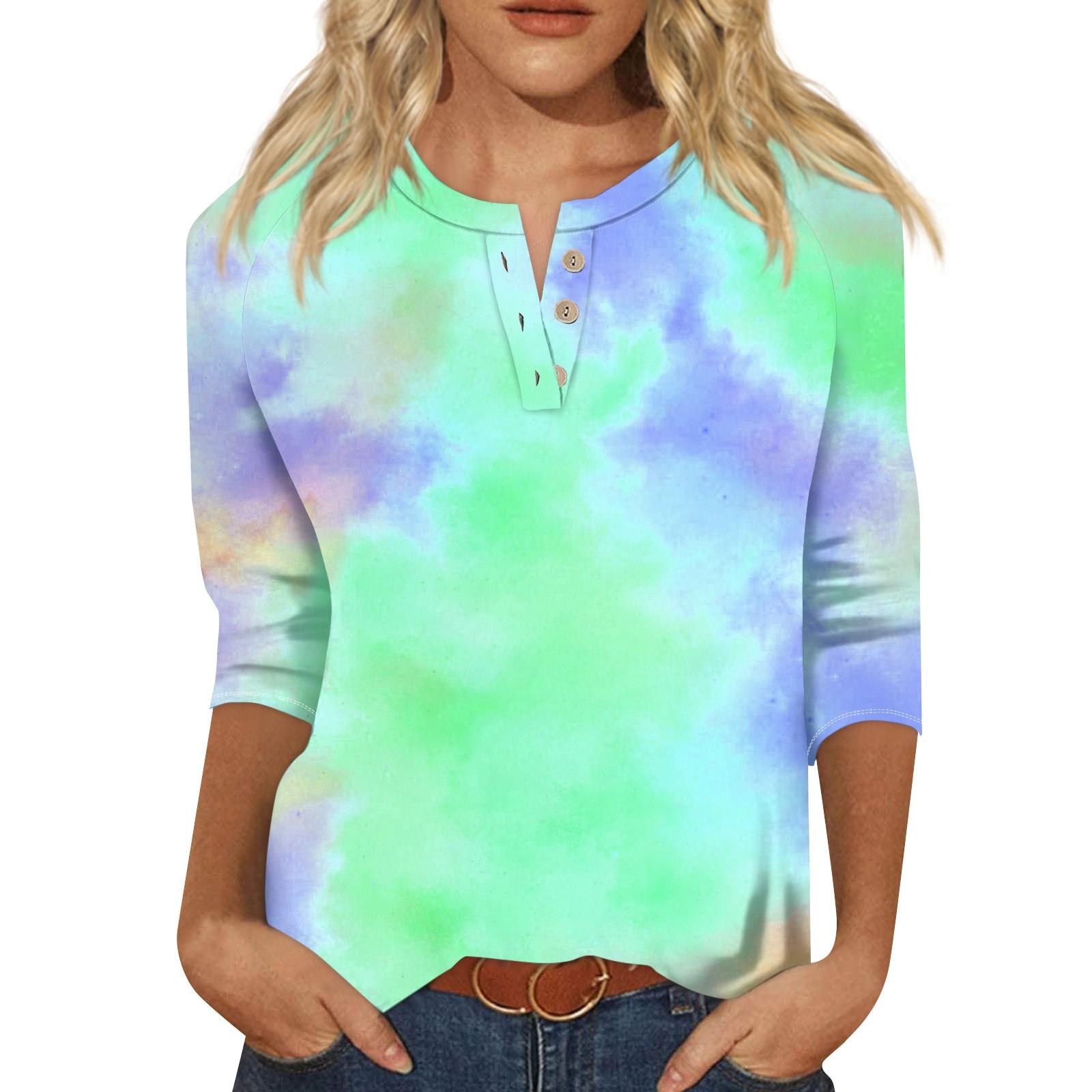 

Женская футболка с принтом тай-дай и градиентом, рукавом три четверти, застегивающаяся на пуговицы, нижняя часть рубашки L
