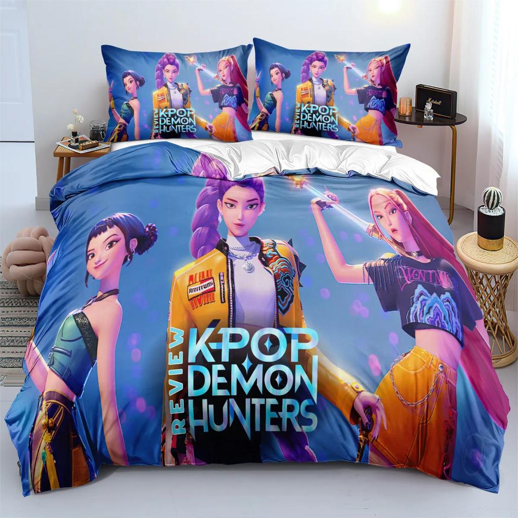KPop Demon Hunters Themed Bedding Set Colorful Print Polyester Student Dormitory Bed Sheet Quilt Cover Kid Gift Home Textile