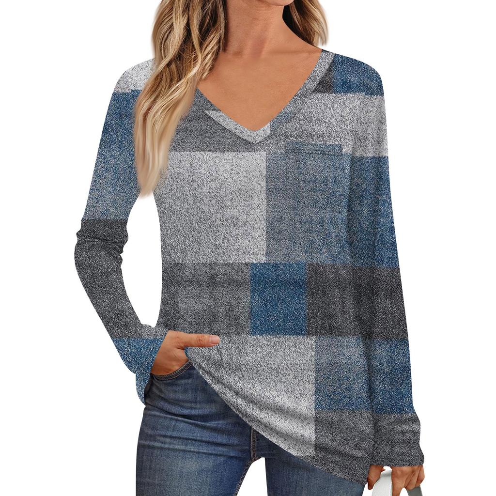 Women's Fashion Long Sleeve V-Neck Pullover Printed T-Shirt Top With Pocket