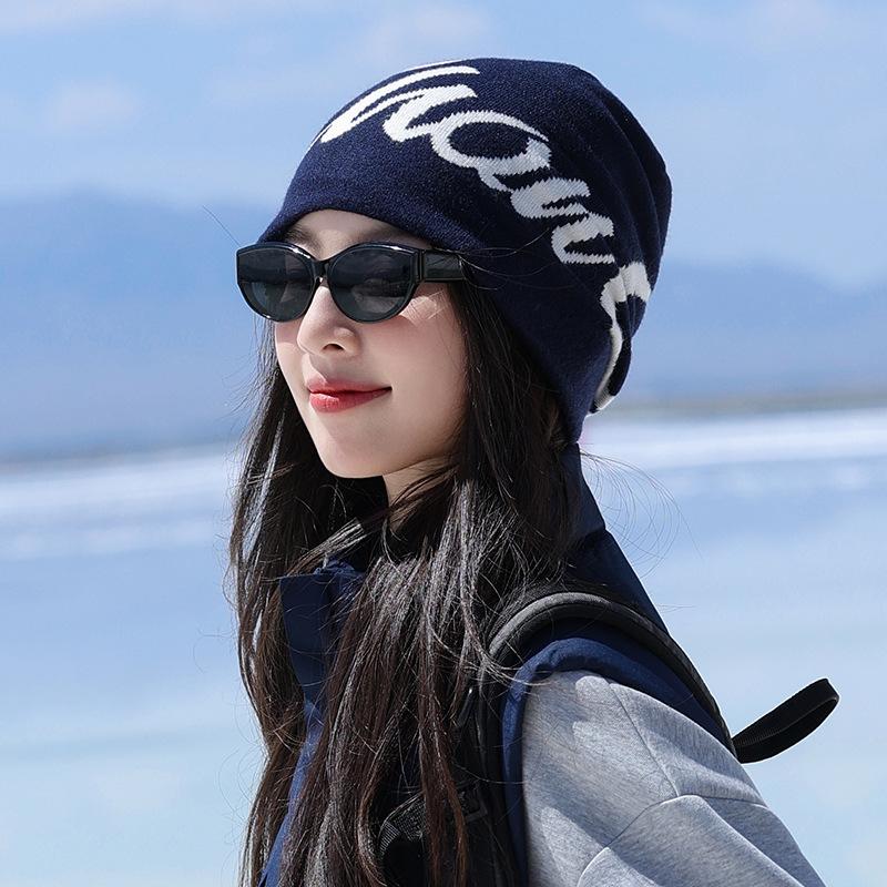 New Letter Embroidered Knitted Hat for Women Autumn and Winter Warm Ear Protection Hood Outdoor Hiking and Camping Hood