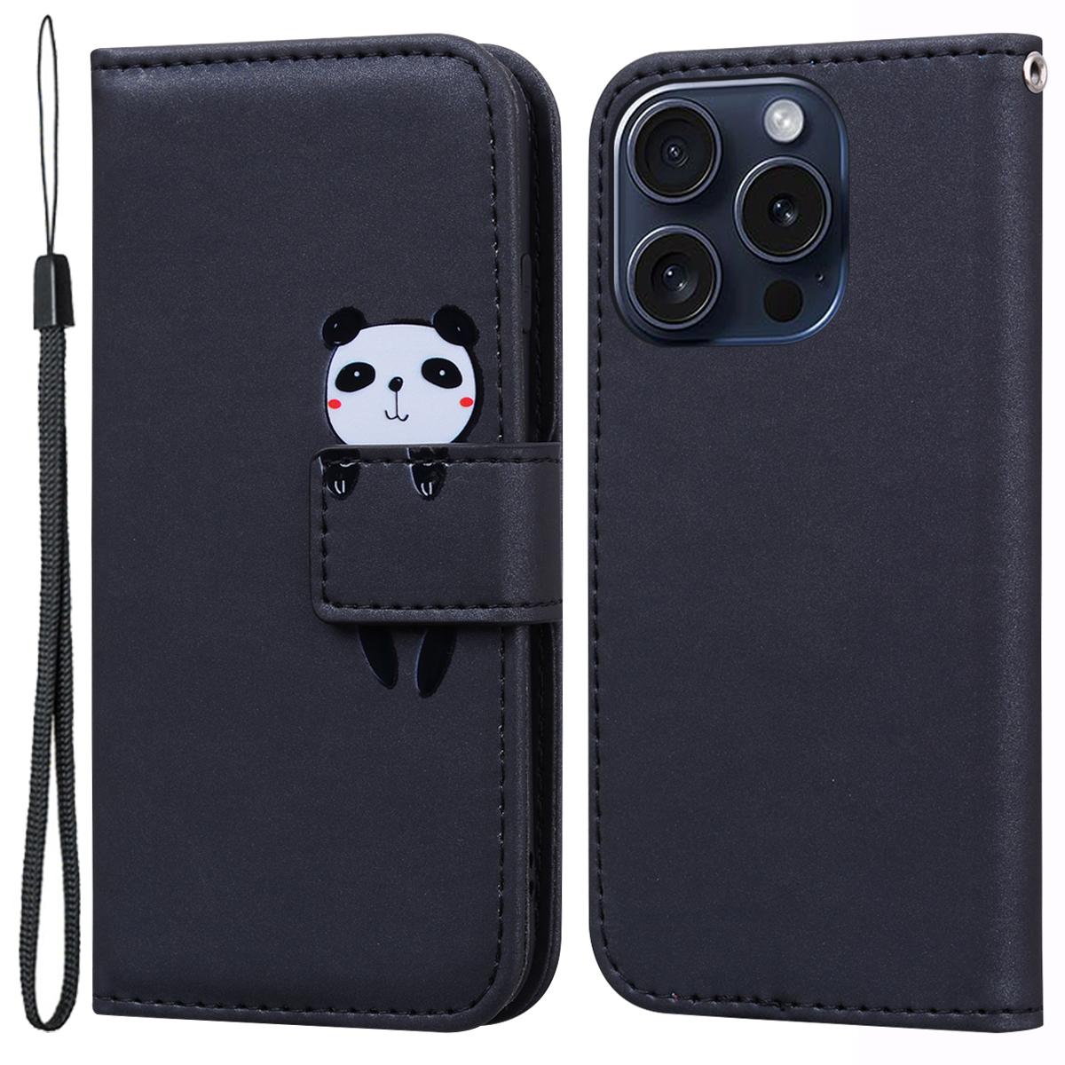 

For iPhone 15 Pro Cell Phone Case Cute Animal Pattern PU Leather Cover with Wallet Black