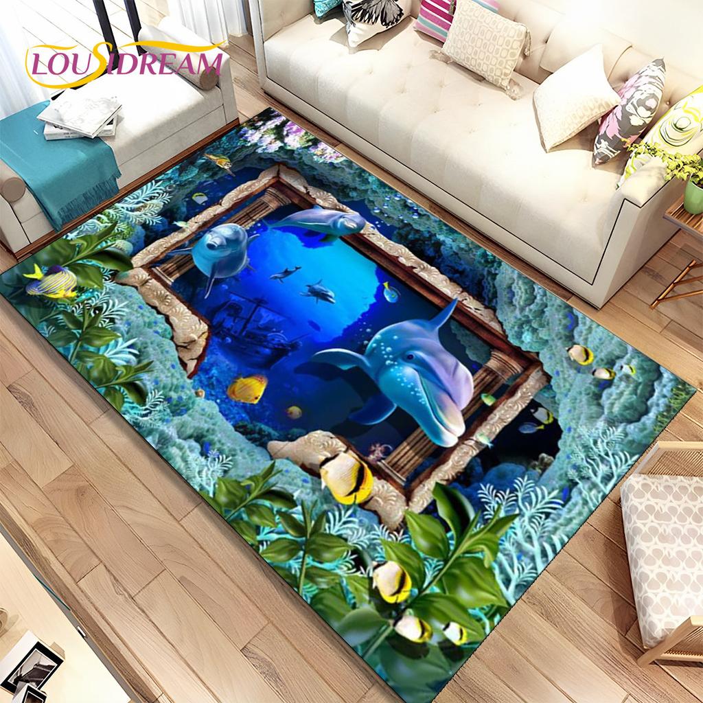 3D-Illusion, Meeresboden, Unterwasserwelt, Delfin, Hai, Teppich, Teppich für Wohnzimmer, Schlafzimmer, Sofa, Fußmatte, rutschfeste Bodenmatte