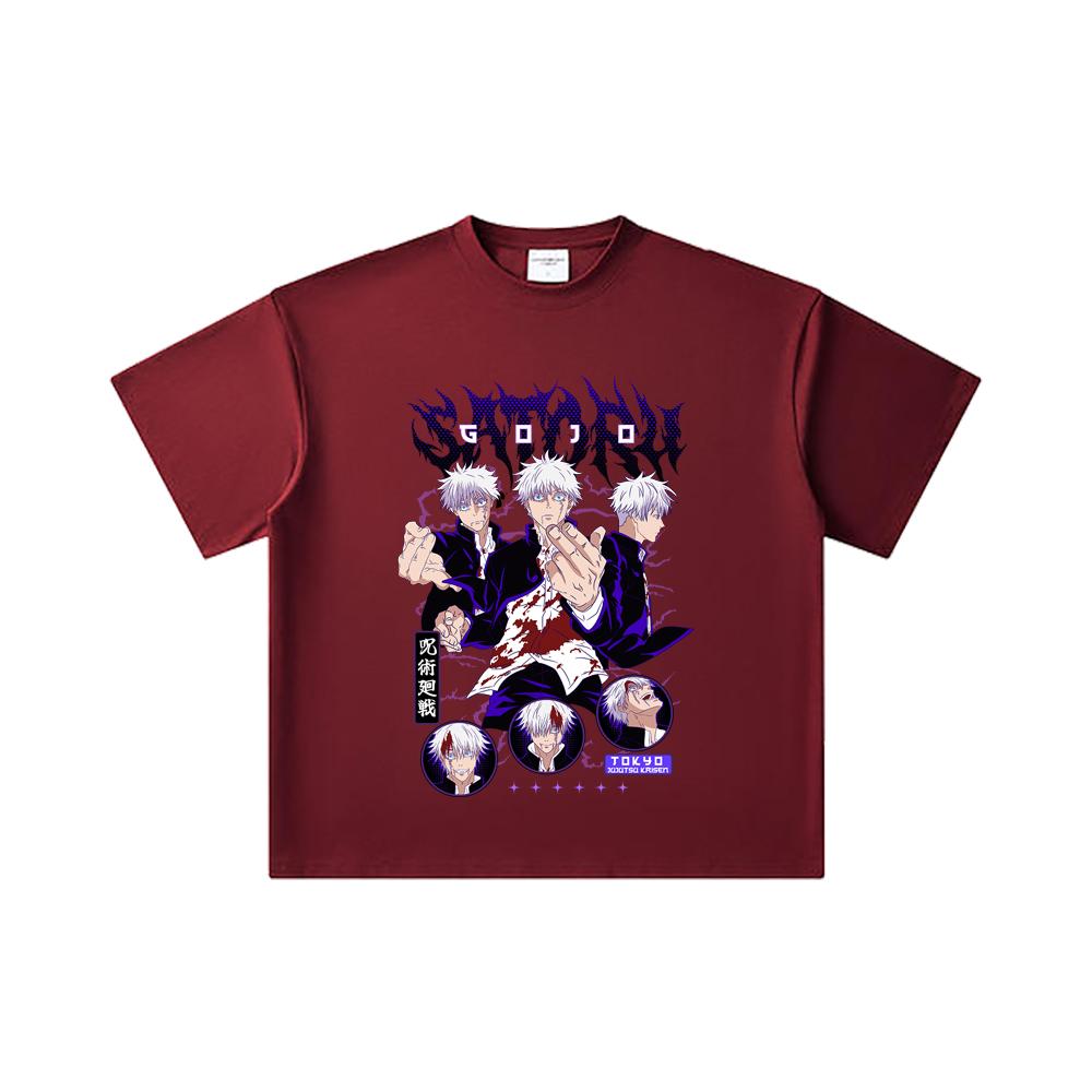 260 GSM Double Yarn 32 Count 100% Cotton Jujutsu Kaisen V6 Gojo Print Unisex Heavy Cotton T Shirt