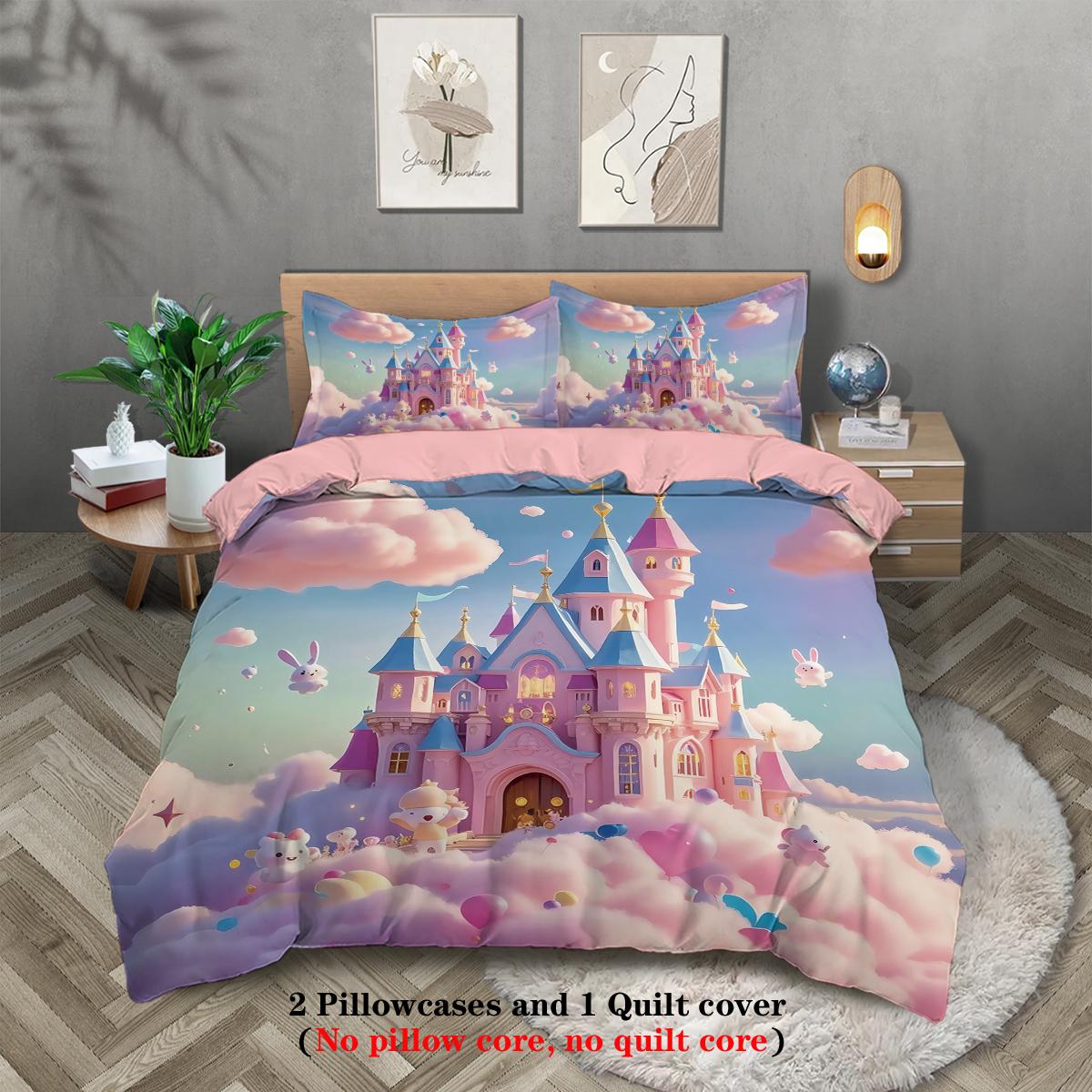 

3pcs Pink Castle in The Sky Pattern Print Duvet Cover Set, Soft,comfortable and Breathable,for Bedroom,Hotel,Best Gift for Girls 135x200cm-EU-Single