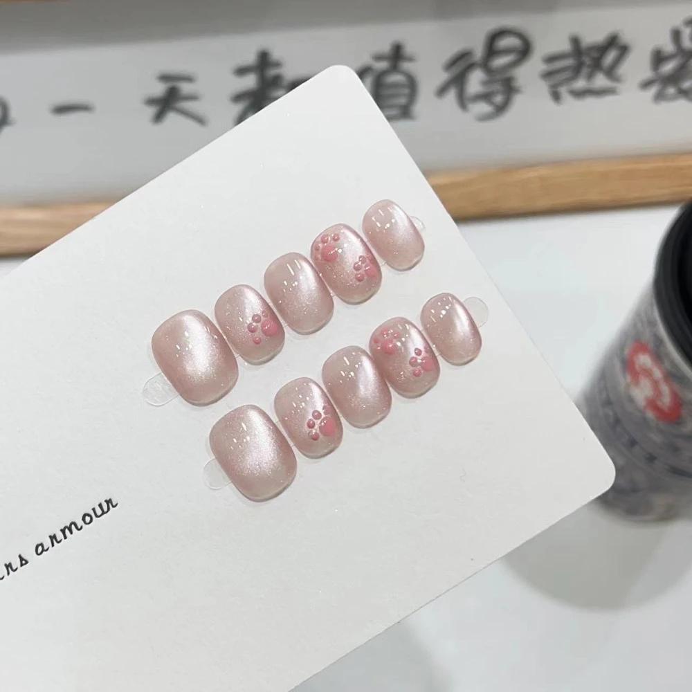 Summer Sweetheart Handmade Full Cover False Nails Kawaii Cartoon Cat Flower Cat Eye Short Square Reusable Fake Nail Stickers