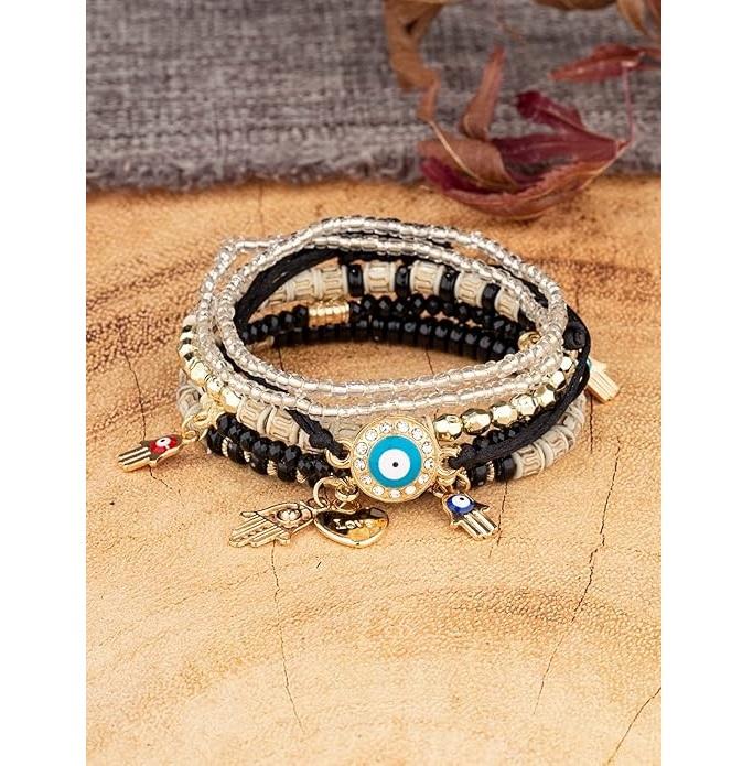 Braccialetti Multistrato Mano di Fatima Occhio Maligno Protezione Fortunata con Charms in Cristallo Colorato e Perline per Donne Ragazze
