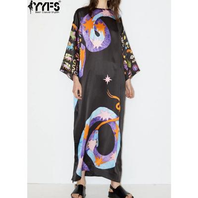 Women's Fashion Spring Fall Long Sleeve O-Neck  Loose Waistline Casual Dresses