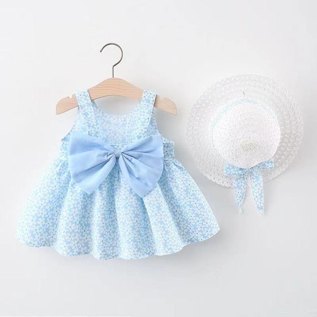 Summer Children's Sleeveless Cute Printed Dress Princess Dress + Hat Set