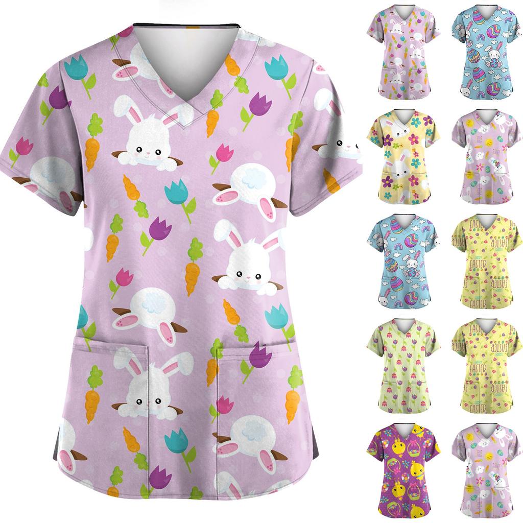 Women's Valentine's Day Printed Loose V-Neck Pocket Short Sleeve Uniform  Uniform