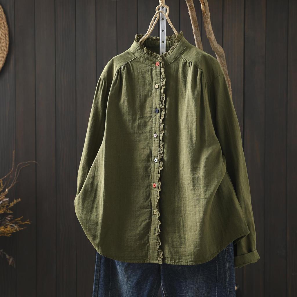 2026 Spring Lace Button Women's Double Layer Cotton Gauze White Shirt - Versatile & Age-Reducing