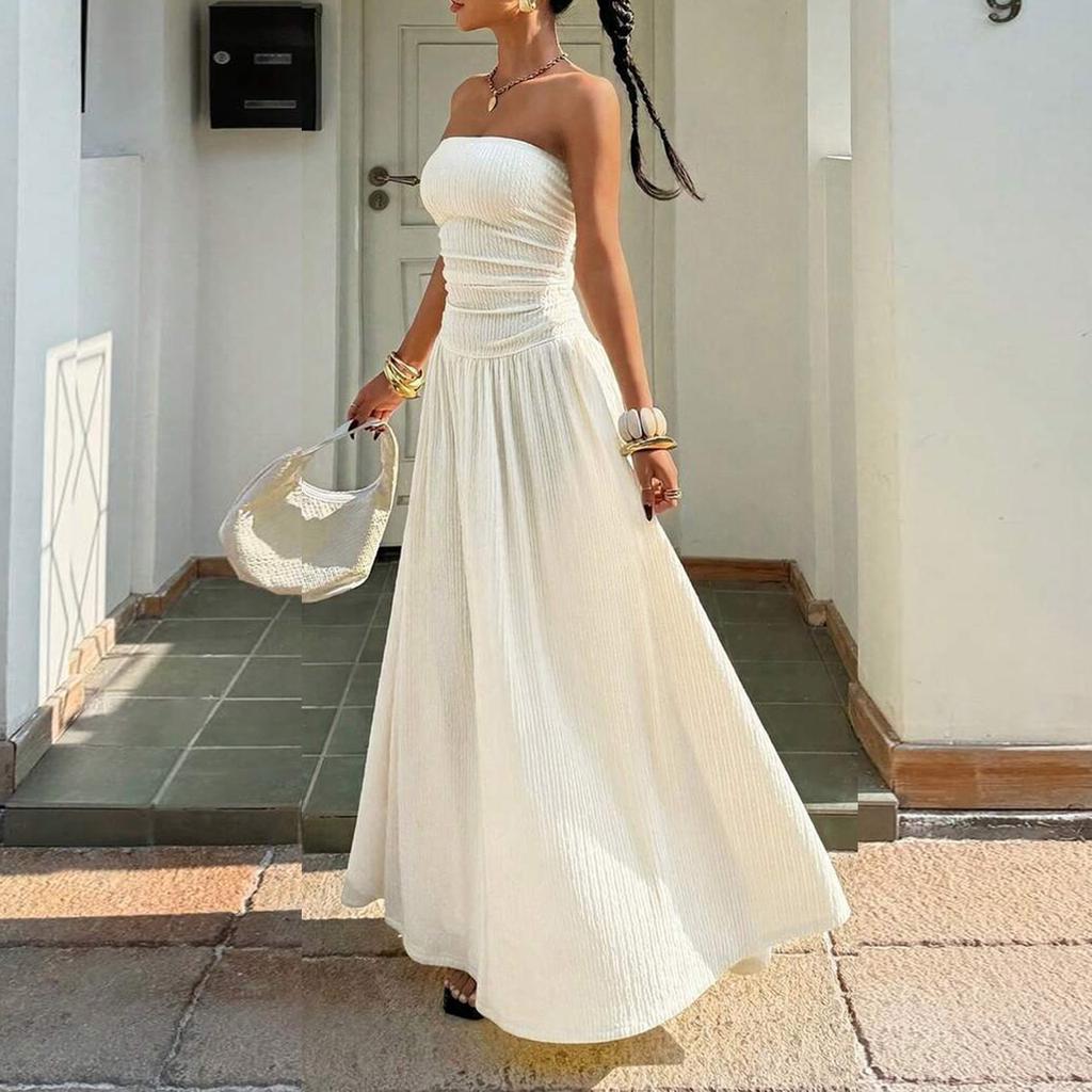 Women Sleeveless Strapless Tube Top Maxi Dress Casual Fitted Elegant Ruched Bodice Flowy Long Dress for Summer Party Vacation